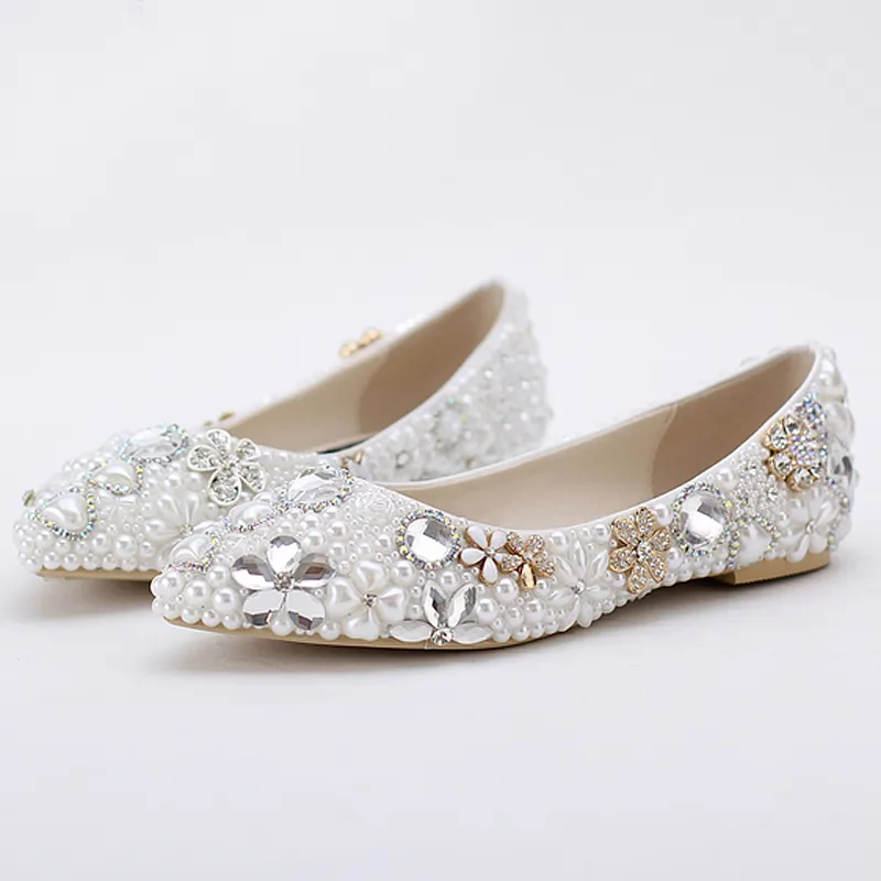 Bellissime scarpe da sposa con tacco piatto e perle bianche, comode scarpe da sposa in cristallo, scarpe personalizzate la madre della sposa, taglie forti 42 43288T