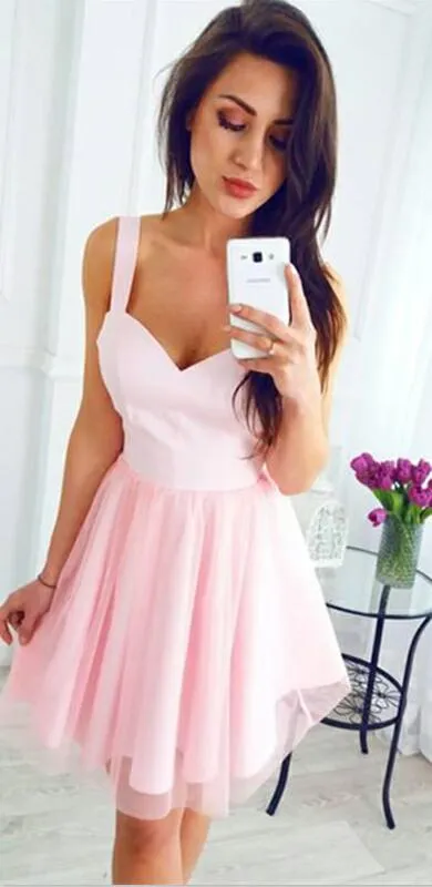 Vestido Formatura Curto Pink Chiffon Homecoming Dresses Simple Style Spaghetti Straps Sweetheart Backless Short Prom Dress Cocktail Dresses