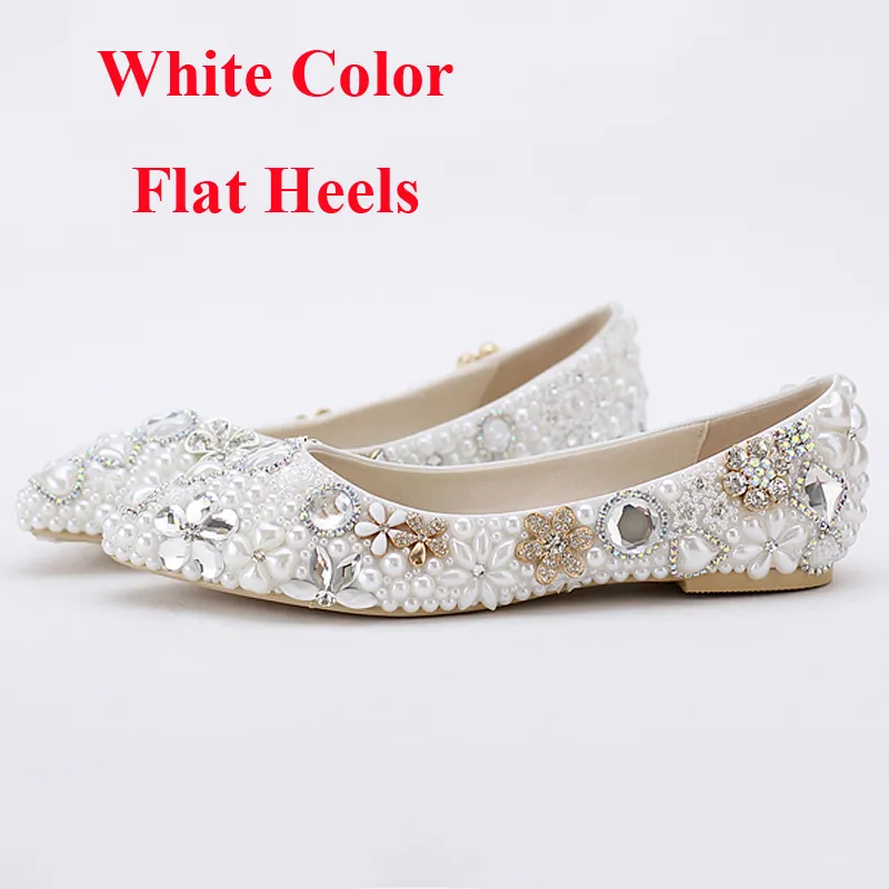 美しいフラットヒールホワイトパールウェディングシューズ快適なクリスタルブライダルフラットカスタマイズされた花嫁の靴プラスサイズ42 43288T