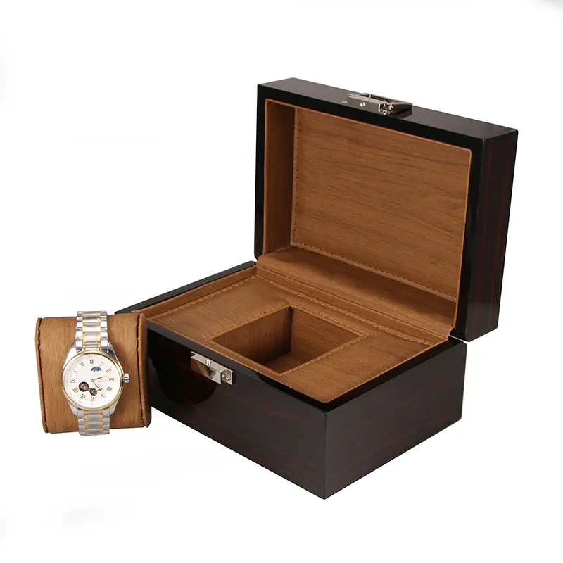 Högkvalitativt varumärke Träklocka Black Watchs Boxes Gift Box Crown Logo trälåda med broschyrkort Glitter LSL0130279R
