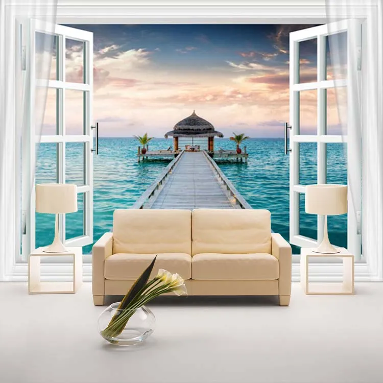 Window 3D Maldives Large Ocean View Wall Stickers art Mural Decal Wallpaper Living Bedroom Hallway Childrens Rooms 