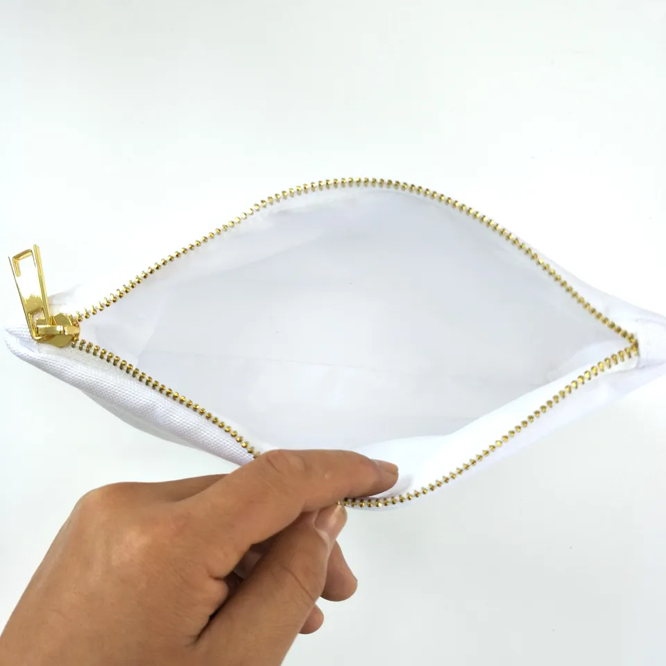 12 oz beyaz% 100 poli tuval makyaj çantası, beyaz astarlı beyaz altın fermuarlı boş kozmetik torba ile süblimasyon için baskı