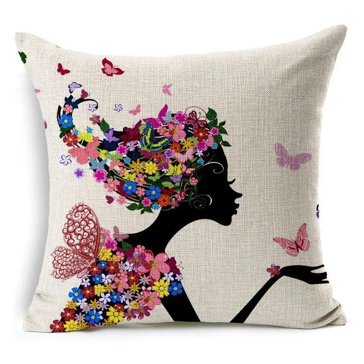 Pillow Cushion Cover Cartoon Little Girl Fresh Flowers Throw Pillow Case Colorful Breathable Cotton Linen Fundas de Almohadas Coji233n