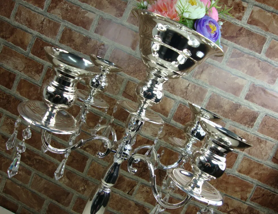 H75cm * W48cm, 5 Heads Crystal Candelabra, Candle Holder, wedding Centerpiece, flower bowl Candle holder with pendants