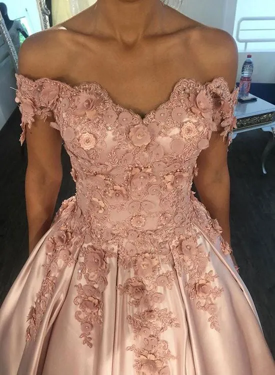 Pink Prom Dresses With 3d Flowers Off The Shoulder African Formal Dress Sexy Backless Lace Evening Gowns