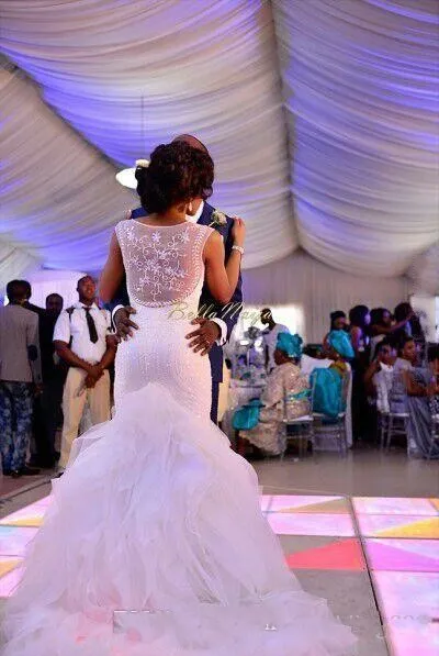 Modest Mermaid Wedding Dresses See Through Ruffles Appliques Wedding Dress Custom Made Ruffles Vestidos Cheap Bridal Gowns