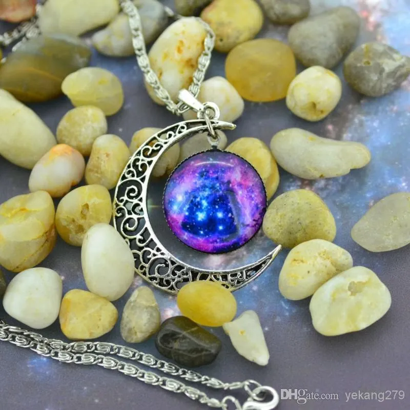  Retail Star Moon Time Pendant Necklace Amethyst Fashion Women Girl Lady Gift Alloy Glass Jewelry 