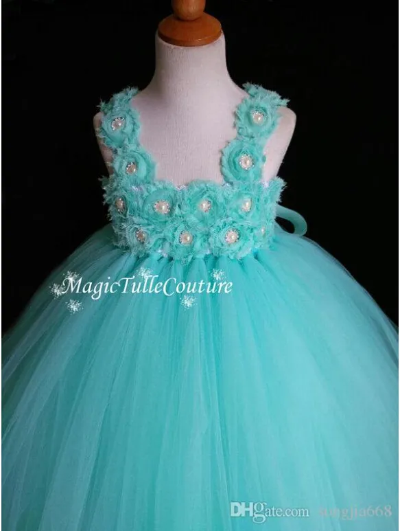 Aqua Flower Girl Dress Shabby Chic Flowers Dress Tulle Dress Wedding Dress Birthday Dress Toddler Tutu Dress