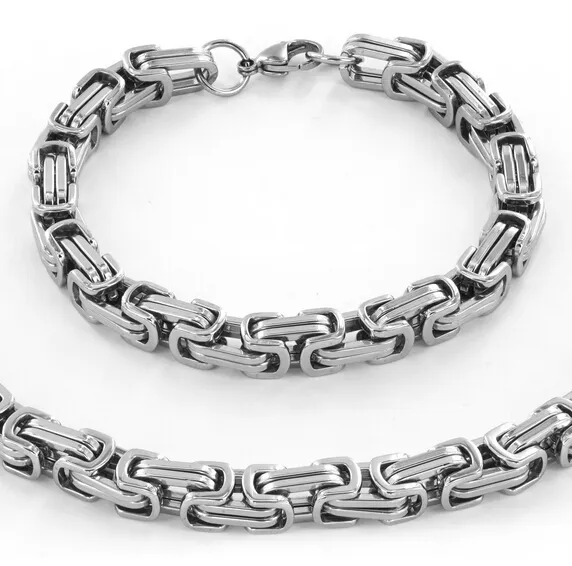 Jewlery Set 8.5mm wide Square byzantine chain necklace & bracelet 316L Stainless Steel for Husband / Father jewelry set