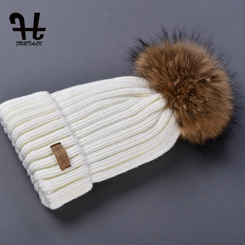 Chapéu de pele real de malha 100% pele de guaxinim real pom pom chapéu de inverno feminino gorro para women335c