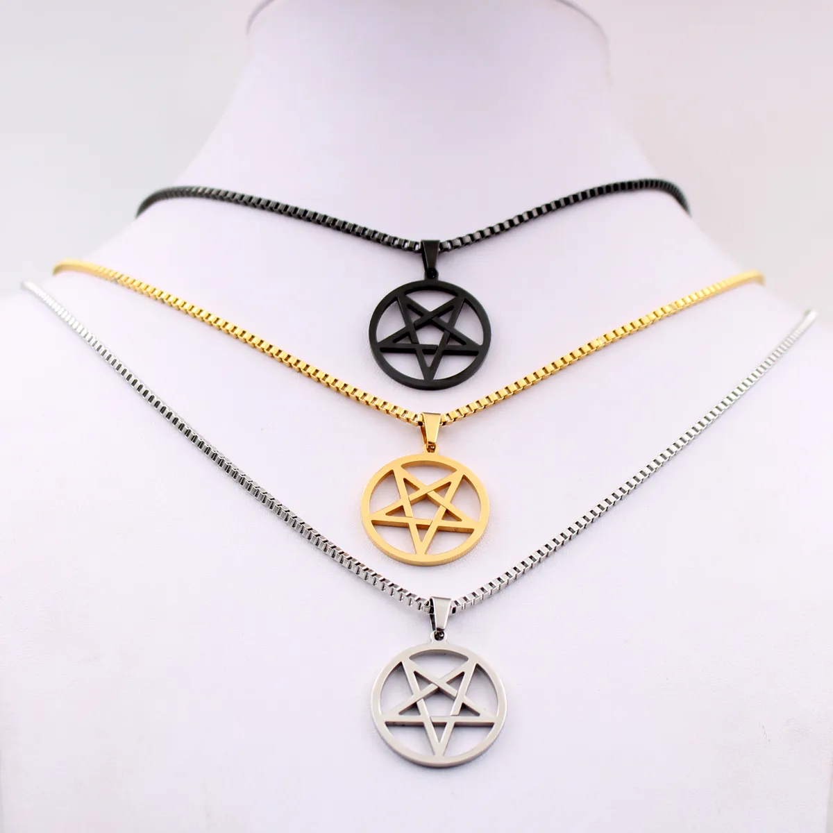 pentagram satanic symbol Satan worship Wicca Pentacle stainless steel pendant necklace Silver gold black 2 4mm 24 inch box chain f253D