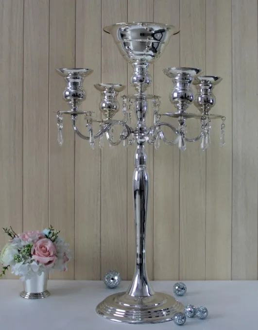H75cm * W48cm, 5 Heads Crystal Candelabra, Candle Holder, wedding Centerpiece, flower bowl Candle holder with pendants