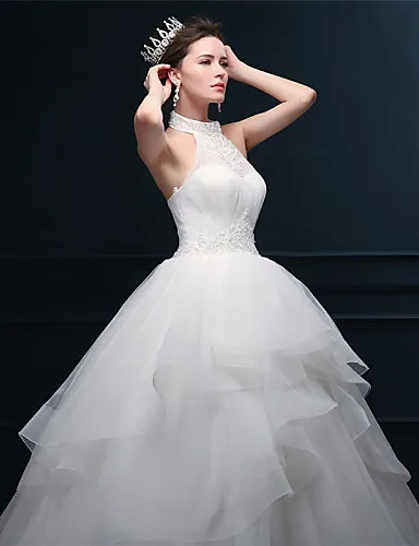 2016 New Hot Fashion Elegant Ball Gown Ivory Floor-length Appliques Beads Halter Tulle Wedding Dresses 301