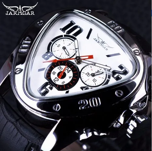 Jaragar Sport Fashion Design Geometrische Driehoek Kast Bruine Lederen Band 3 Wijzerplaat Heren Horloge Topmerk Luxe Automatisch Horloge Clock260S