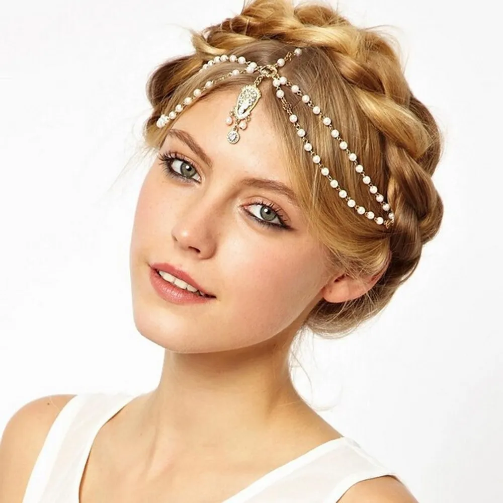  Cheap Fashion Wedding Bridal Hair Accessories for Women 2016 Metal Beaded Pearl Head Chain Indian Hair Jewelry Women Bridal Crown Ornaments