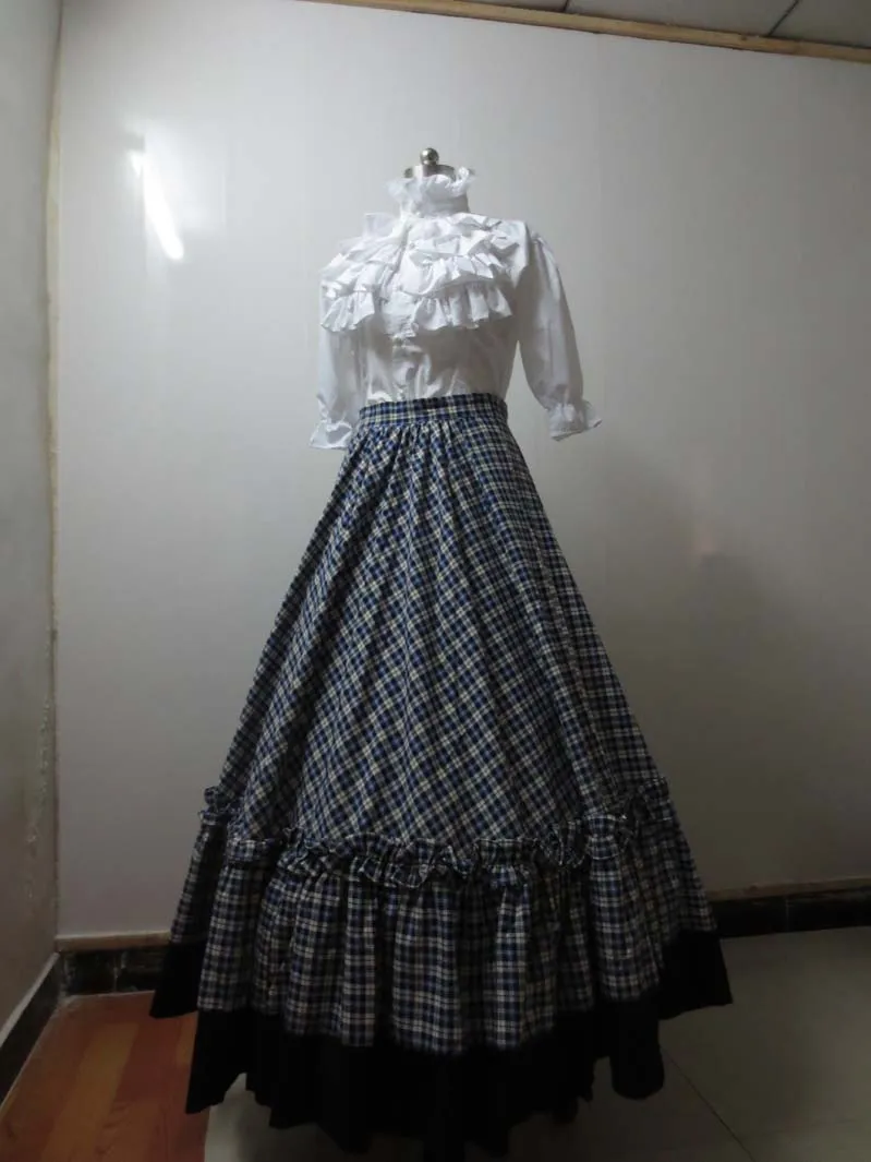 Victorian Gothic Ball Gown Reenactment Stage Punk Blue Tartan Lolita Dress Costume H008