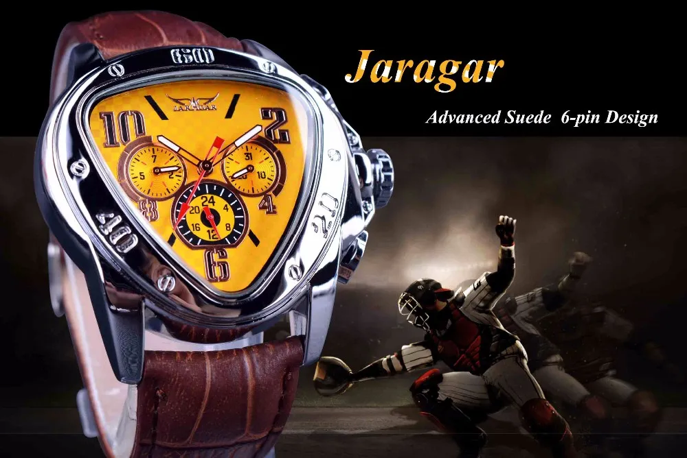 Jaragar Sport Fashion Design Custodia a triangolo geometrico Cinturino in pelle marrone 3 quadrante Orologio da uomo Orologio automatico di lusso di marca superiore2783