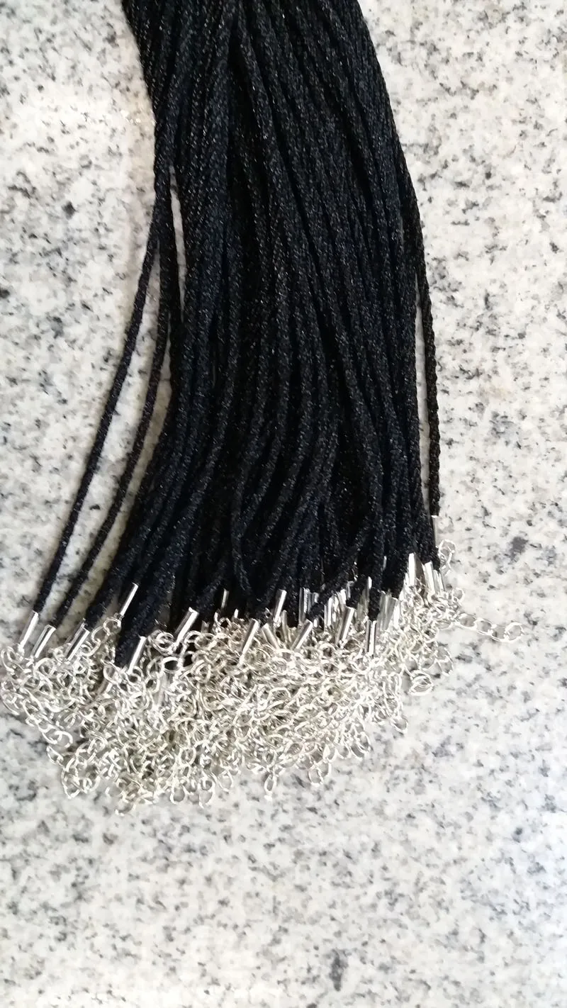 100 peças cordão de colar de seda de cetim preto 2 0mm 18 '' 20 '' 22 '' 24 '' com 2 '' Extensi258l