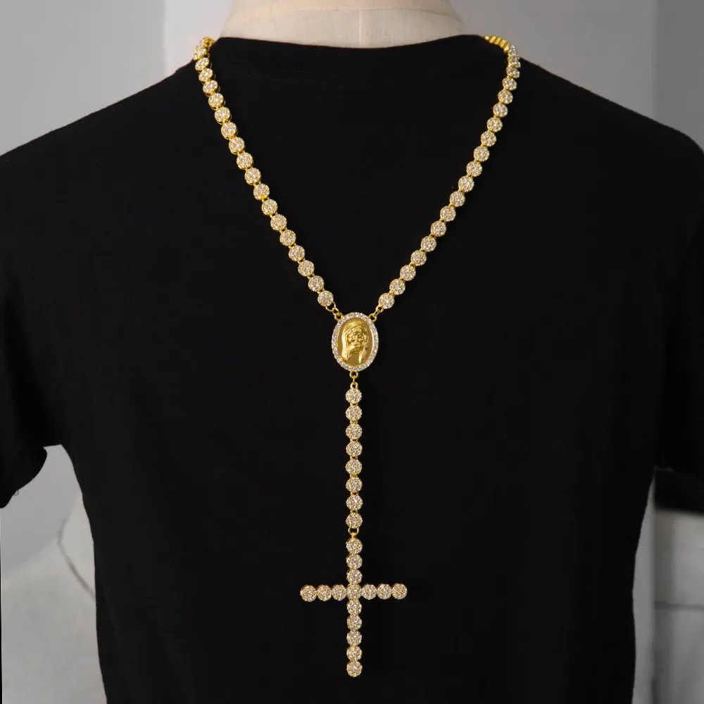 2017 New Fashion Hip Hop Gold Plated Full Cz Iced Out Jesus Face Cross Pieces 79cm Long Rosary Necklace for Men and Women Jewelry2009