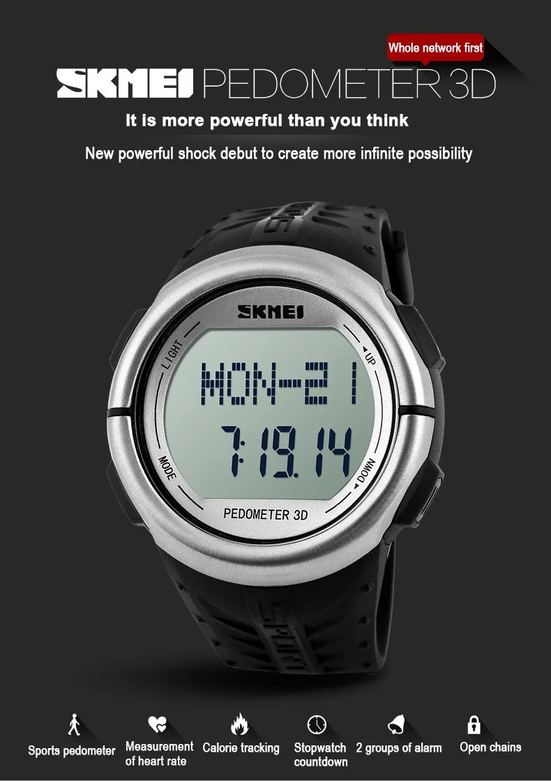 SKMEI 1058 심박수 모니터 시계 시계 소수기 스포츠 LED 남성 여성을위한 시계 50m 방수 디지털 시계 스포츠 칼로리 카운터 301m