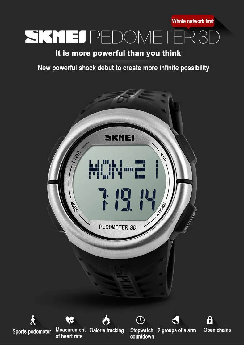 SKMEI 1058 Monitoraggio cardiaco Monitoraggio Orologio Orologio Orologi Sport Orologi uomini Donne 50m Waterproof Digital Watch Sports Calorie Counter 273P