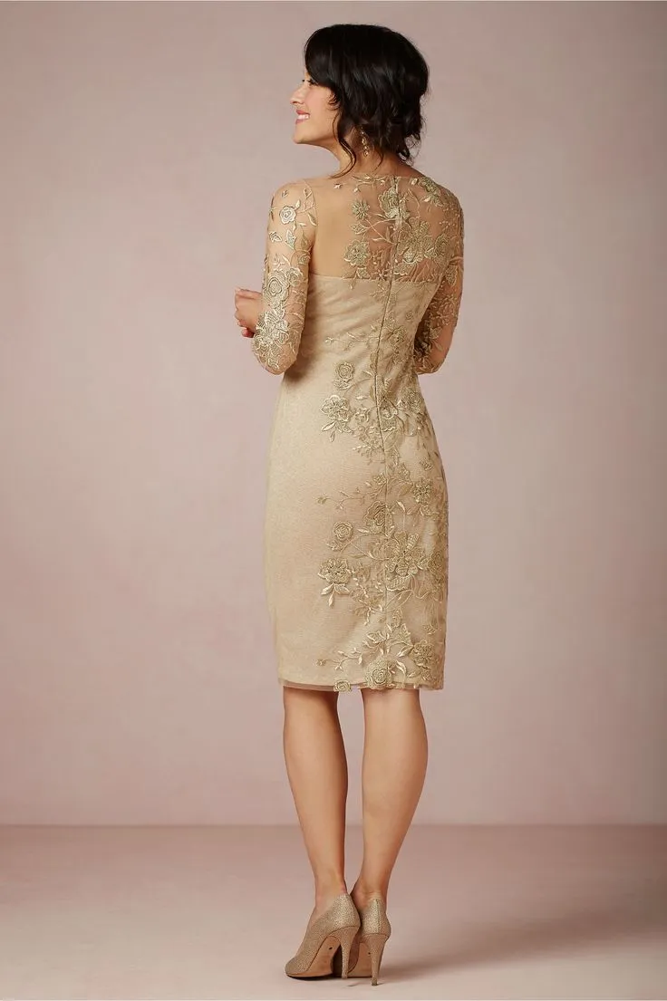 シースゴールド刺繍花嫁ドレスの母親のアプリケーション幻想首の膝の長さフォーマルドレスプラスサイズ魅力的なイブニングD2646