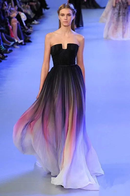 Designer Elie Saab Prom Dresses Gradient Color Maxi Dress Graduation Party Dress Strapless Chiffon Evening Party Gowns