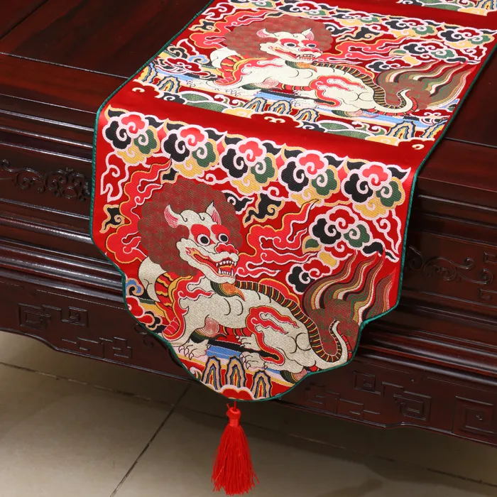 Tjockare etnisk kirin bordslöpare kinesisk stil högdensitet silkesbrokad lång bordduk matbord kuddar party hem dekoration2806