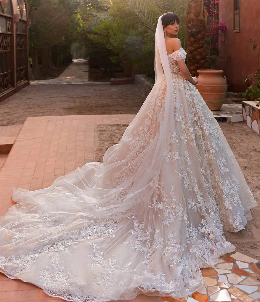 Lace Wedding Dresses 3D Appliqued A Line Off The Shoulder Bridal Gowns Chapel Tulle Vestido De Novia Plus Size Wedding Dress