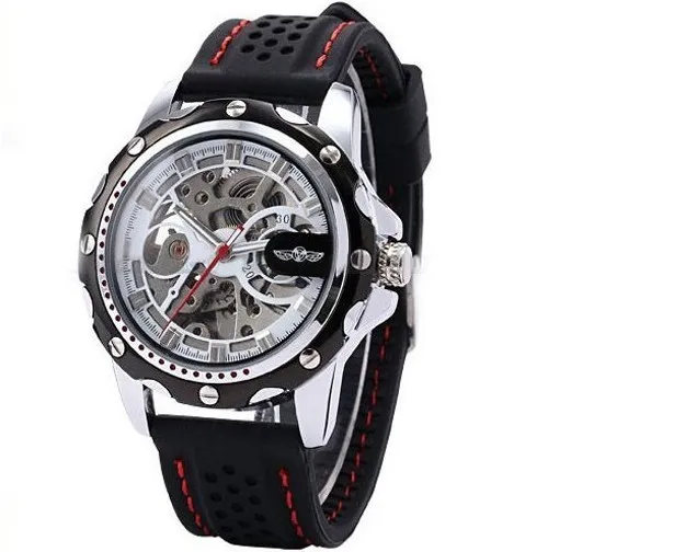 2022 NYTT VINNER Black Rubber Band Automatic Mechanical Skeleton Watch for Men mode Gear Wrist Watch Reloj Army Hombre Horloge280T