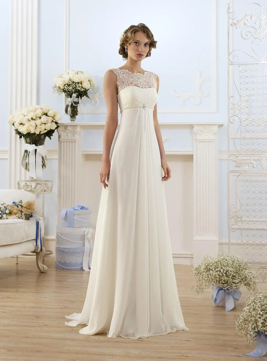  Elegant Sheath Wedding Dresses A Line Sheer Neck Capped Sleeve Empire Waist Floor Length Chiffon Cheap Summer Beach Bridal Gowns BO8190