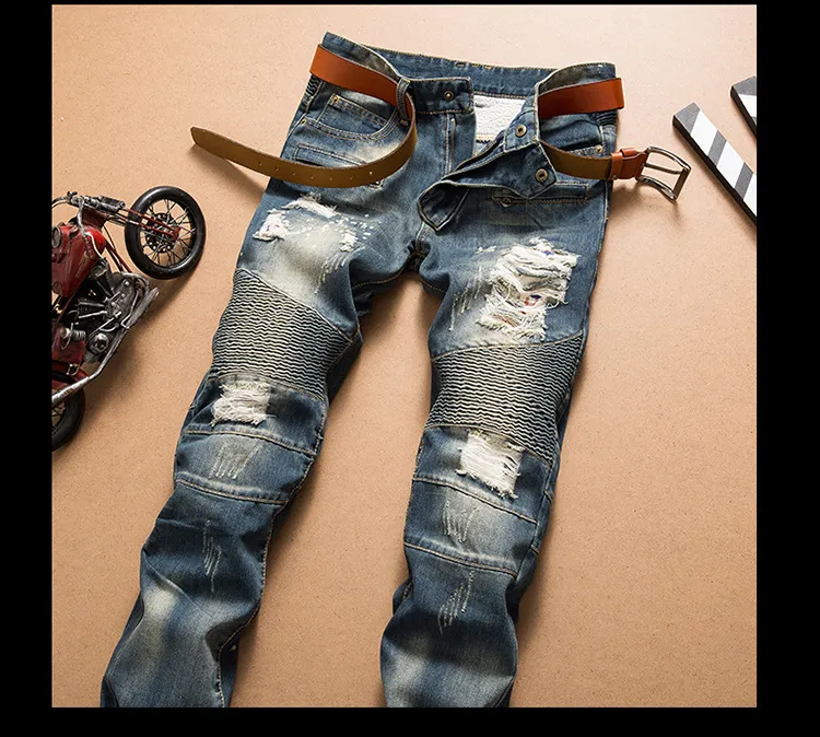 Новые мужчины крутые мужские расстроенные разорванные модельер -дизайнер прямой мотоциклевые байкерские джинсы причинные джинсовые брюки Стиль