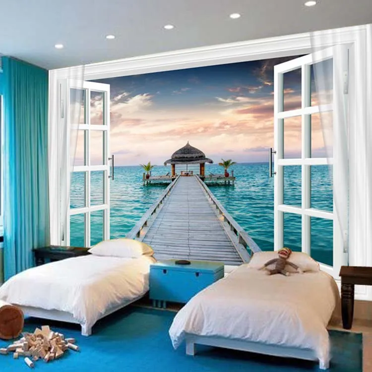 Window 3D Maldives Large Ocean View Wall Stickers art Mural Decal Wallpaper Living Bedroom Hallway Childrens Rooms 