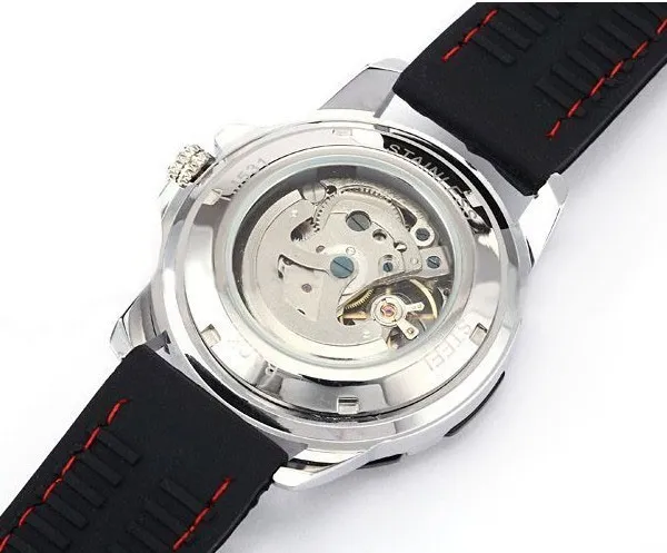 2022 NYTT VINNER Black Rubber Band Automatic Mechanical Skeleton Watch for Men mode Gear Wrist Watch Reloj Army Hombre Horloge280T