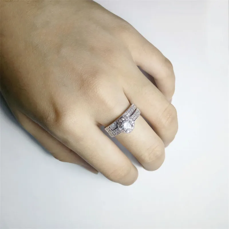 Yhamni conjunto de anéis de noivado de prata pura original redondo branco azul cz diamante conjunto de anéis de casamento para mulheres KENR042239b
