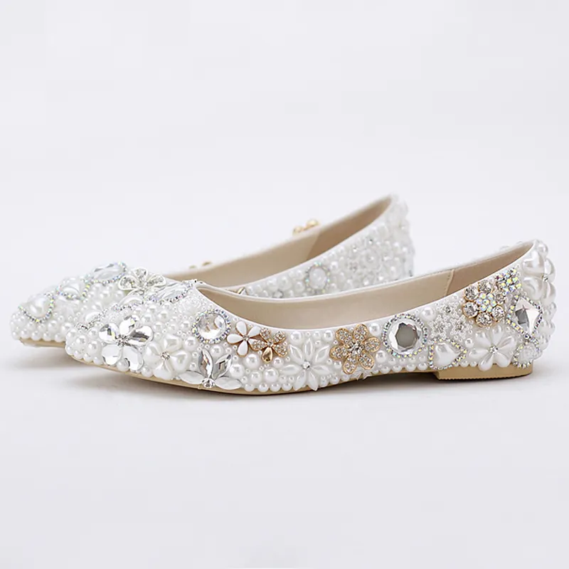 Bellissime scarpe da sposa con tacco piatto e perle bianche, comode scarpe da sposa in cristallo, scarpe personalizzate la madre della sposa, taglie forti 42 43233S