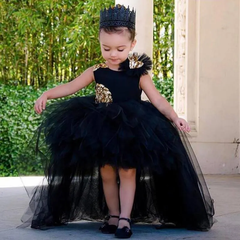 Cute Black High Low Little Girls Pageant Dresses Appliqued A Line Flower Girl Dress Tiered Tulle First Communion Gowns