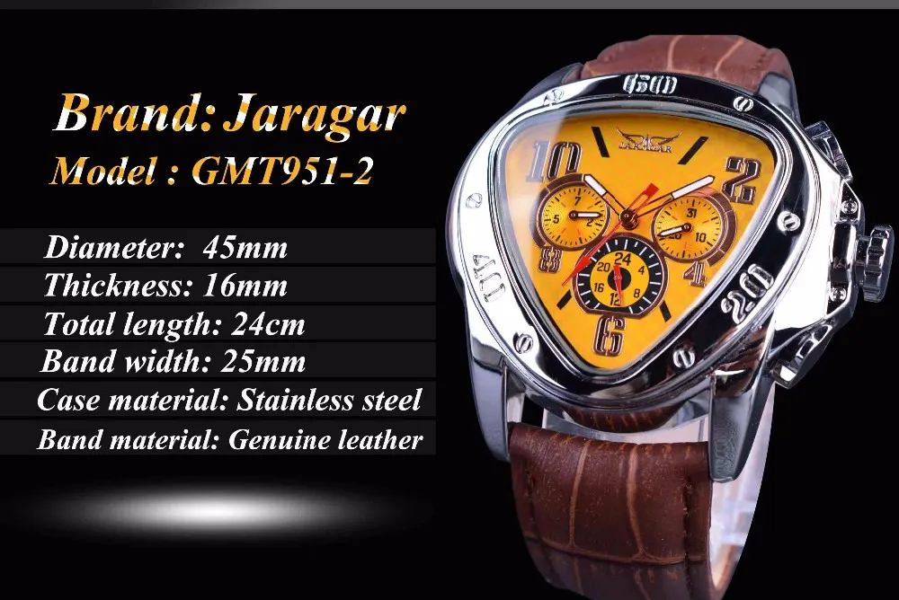 Jaragar Sport Fashion Design Geometric Triangle Case Brown Leather Strap 3ダイヤルメン