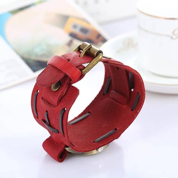 Vintage genuine leather bracelet watch fashion punk men teens quartz wristwatch wristband cuff bangle party festive gift Three dia200f