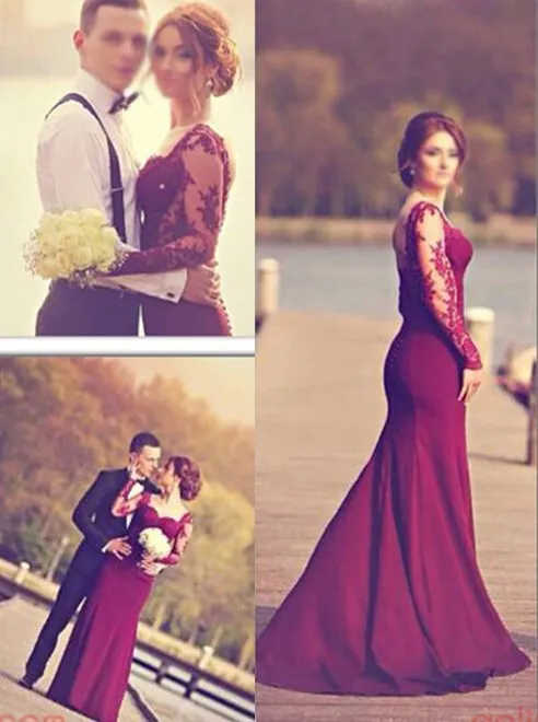2021 Evening Dresses Wear Sexy Mermaid Lace Long Sleeves Sweetheart Illusion Grape Dark Red Burgundy Open Back Bridesmaid Party Prom Gowns