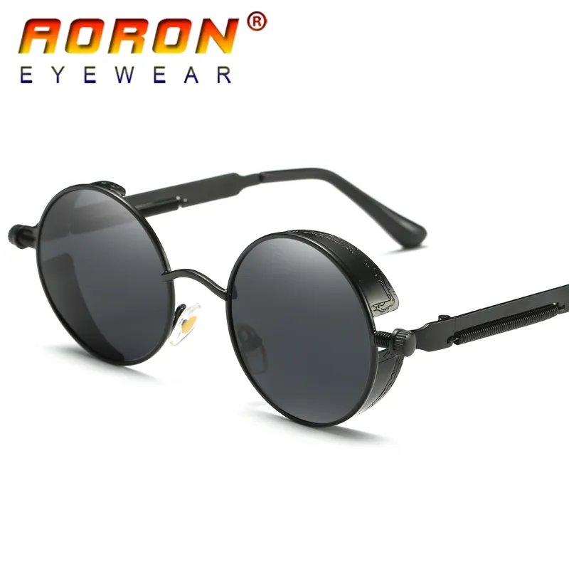Lunettes de soleil polarisées pour hommes, AORON gothique Steampunk, lunettes rondes miroir rétro UV400, Vintage avec Br298W