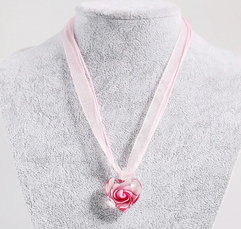 Corazón con flores dentro de Murano Murano italiano veneciano de cristal colgantes de moda collares joyería hecha a mano envío gratis