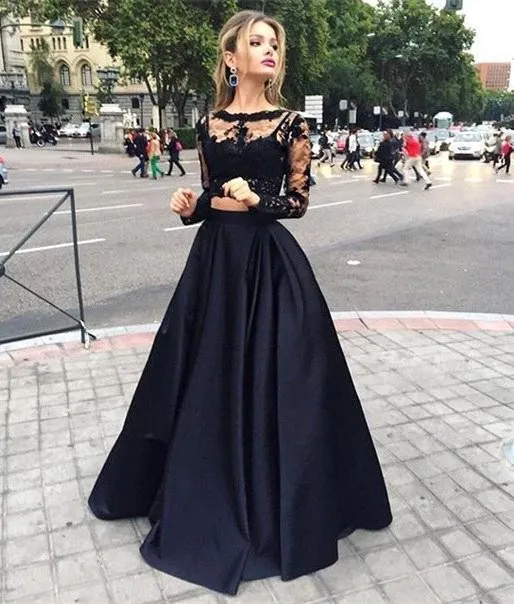 Black Evening Dresses Sheer Lace Corset Jewel Long Applique Sleeves Prom Gowns Back Zipper Floor-Length Custom Made Cheap Party Dress