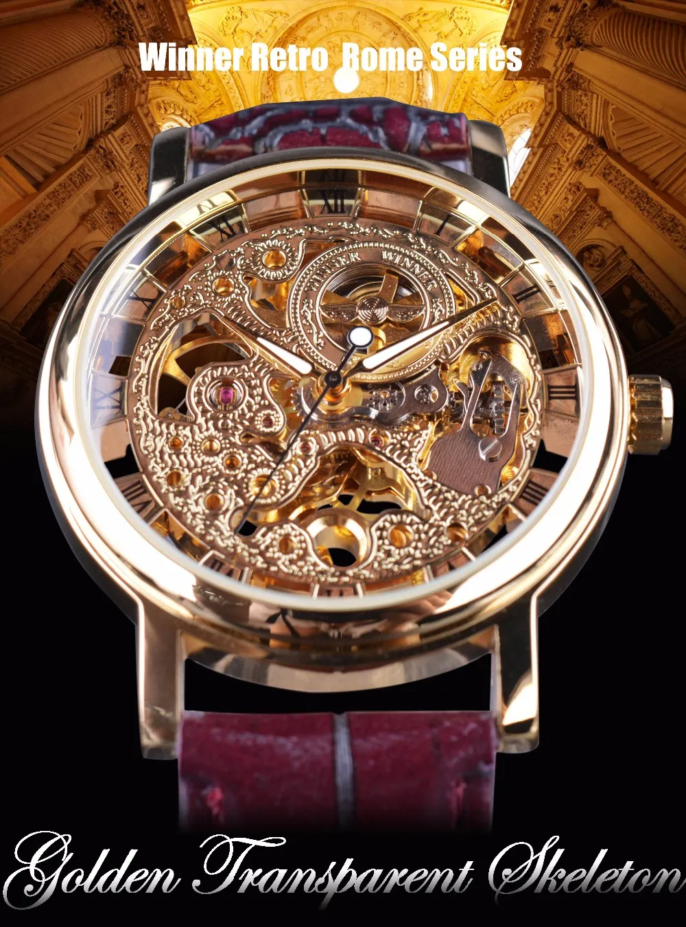 Gewinner Royal Carving Skeleton Braunes Lederband Transparent Dünnes Gehäuse Skeleton Design Uhr Uhren Männer Marke Luxus Uhr Men285c