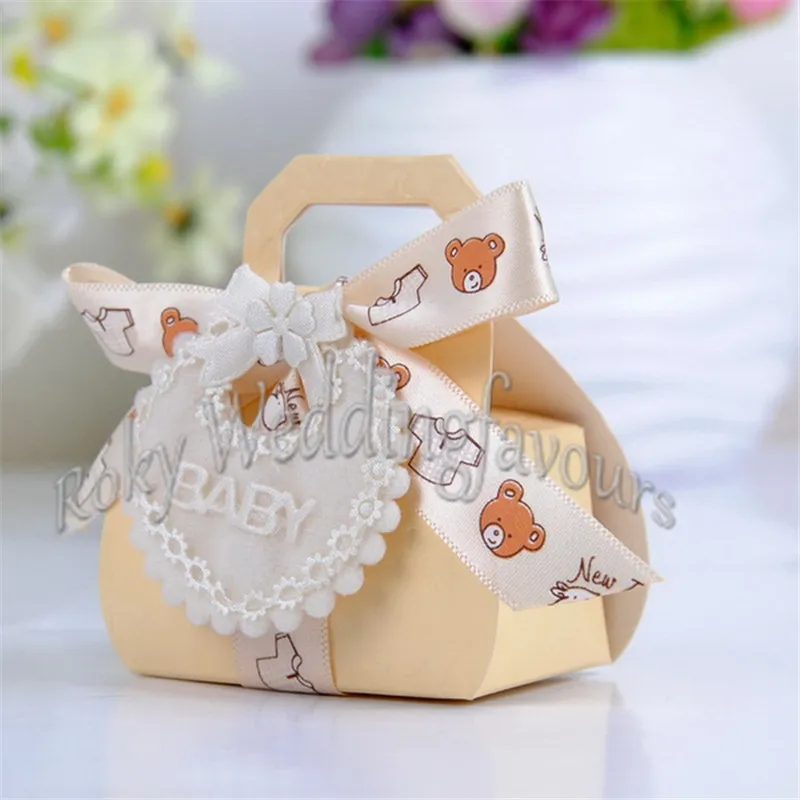 24 pezzi a forma di orso Scatole caramelle fai da te Regalo feste Battesimo Baby Shower Scatole bomboniere Scatole caramelle con etichette con bavaglino Ribb274U