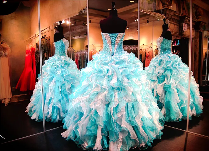 Turquoise/White Quinceanera Gown Ruffles Sweetheart Neckline Lace up Back Bolero Jacket Sexy Sixteen Dress Pageant Dress