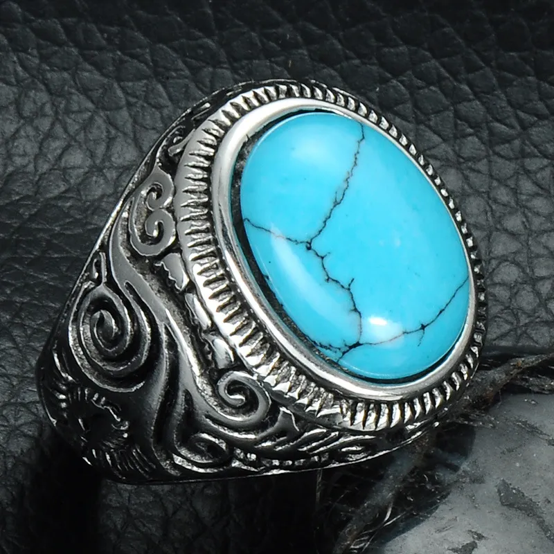 Mens Turquoise crack stone Rings vintage Retro Stainless steel Natural stone Carved finger Rings For Boys Fashion Punk Jewelry240J