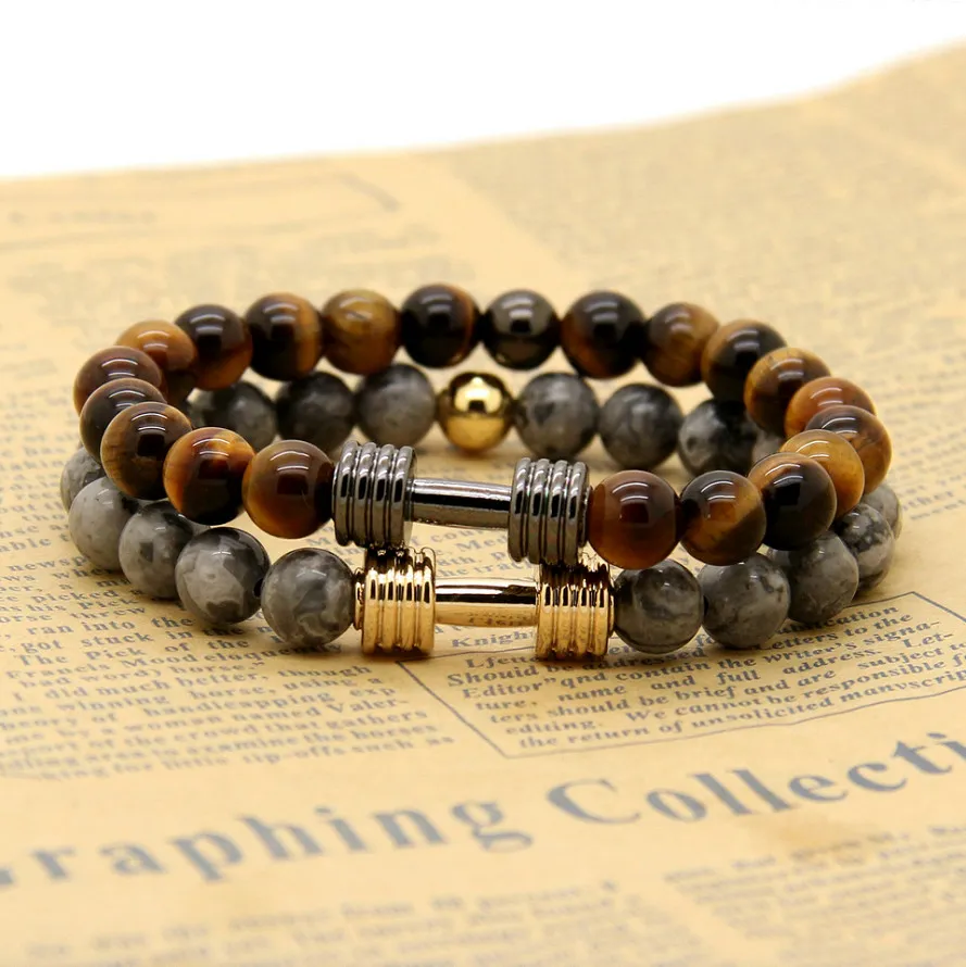 1st. Real Gold Plated Metal Armband New Barbell 8mm Gray Picture Jasper A Grad Tiger Stone Beads Fitness Fashion Dumbell215e