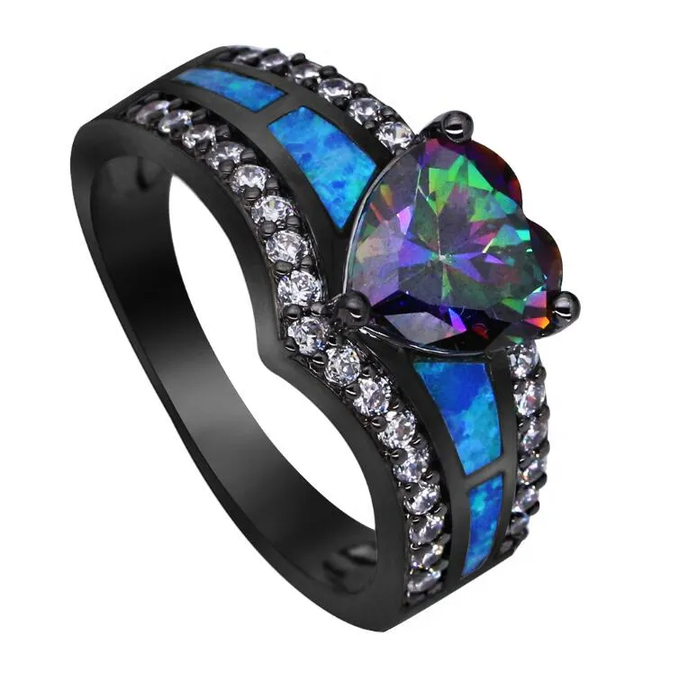 Preto banhado arco-íris azul verde roxo pedra azul opala coração anéis para mulheres moda jóias coquetel anel gift341k