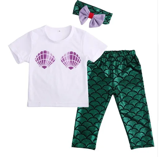 2016 Summer Baby Girl Clothing Sets Infant Short Sleeve T-shirt Tops + Mermaid Long Pants +Hair Band Toddler Outfits Kids Suit For 0-2Y